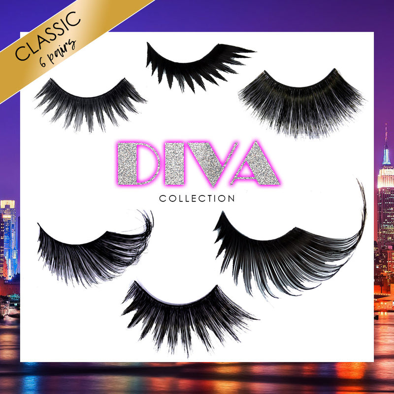 6-piece collection of Premium Drag False Eyelashes | Elegant Lashes Diva Collection (Deluxe). Includes 301 lashes, queenie w947 drag eyelashes, lolita, 199 lashes, 034, 535L