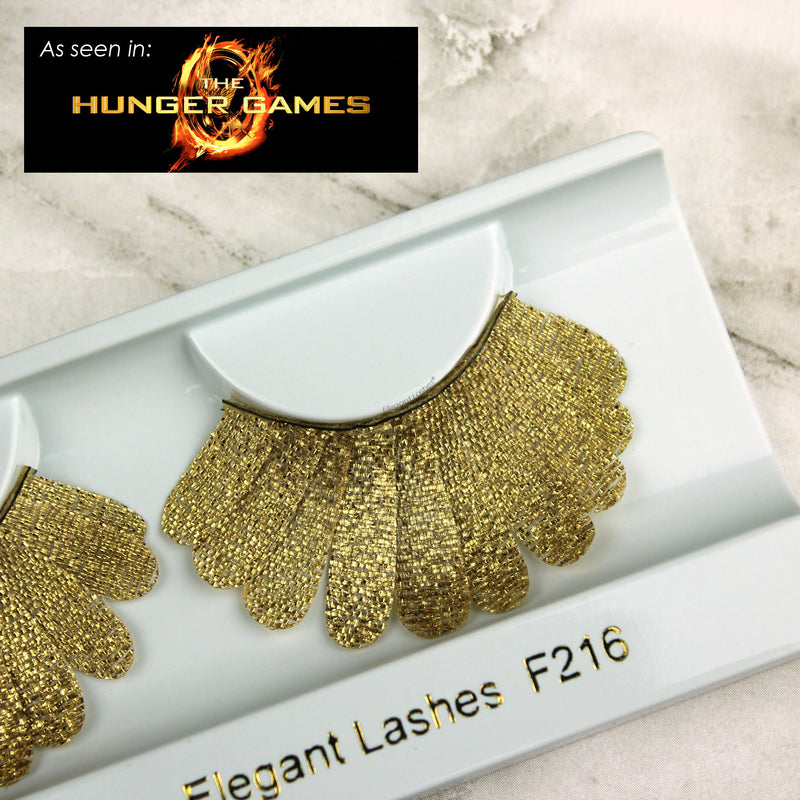 Gold fabric vegan feather false eyelashes as seen in The Hunger Games  | Elegant Lashes F216