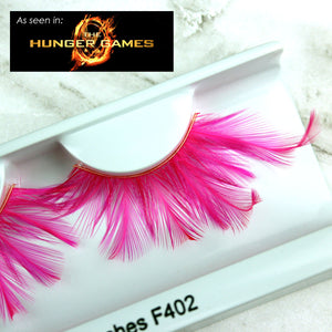 Long pink feather false eyelashes worn by Effie Trinket in The Hunger Games  | Elegant Lashes F402